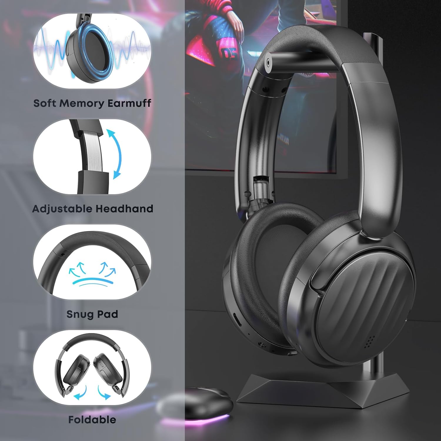 Bluetooth Headphones with Active Noise Cancelling (ANC), Wireless Over Ear Bluetooth Headsets with 35H Playtime, HiFi Stereo Foldable Headphones with Foam Ear Cups for Sports, Travel, Black - Image 5
