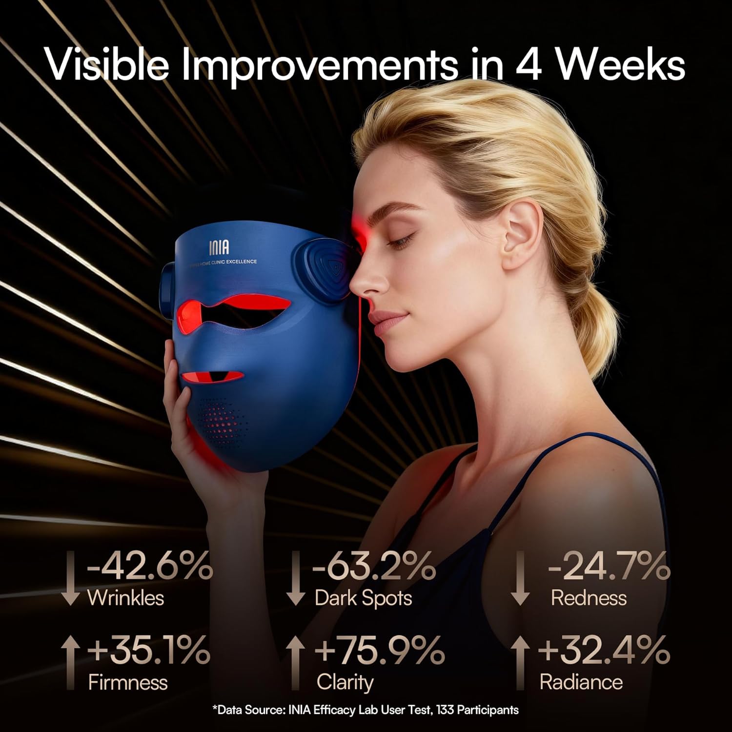 INIA Glow 4D Wireless Red Light Therapy Mask for face – Dual NIR, 320 LEDs, 4 Modes, Under-Eye Cooling, Cordless & Rechargeable LED Face Mask for Home & Travel, Skincare Gifts for Women Mom Wife, Blue - Image 3