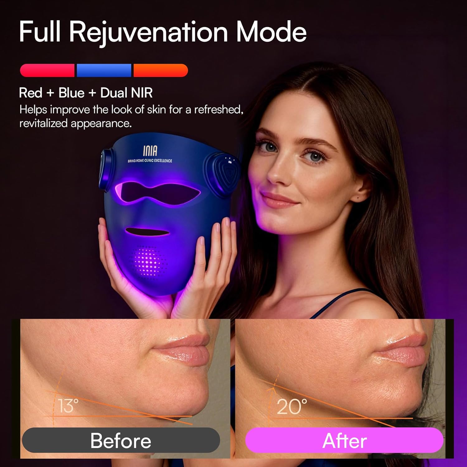 INIA Glow 4D Wireless Red Light Therapy Mask for face – Dual NIR, 320 LEDs, 4 Modes, Under-Eye Cooling, Cordless & Rechargeable LED Face Mask for Home & Travel, Skincare Gifts for Women Mom Wife, Blue - Image 7