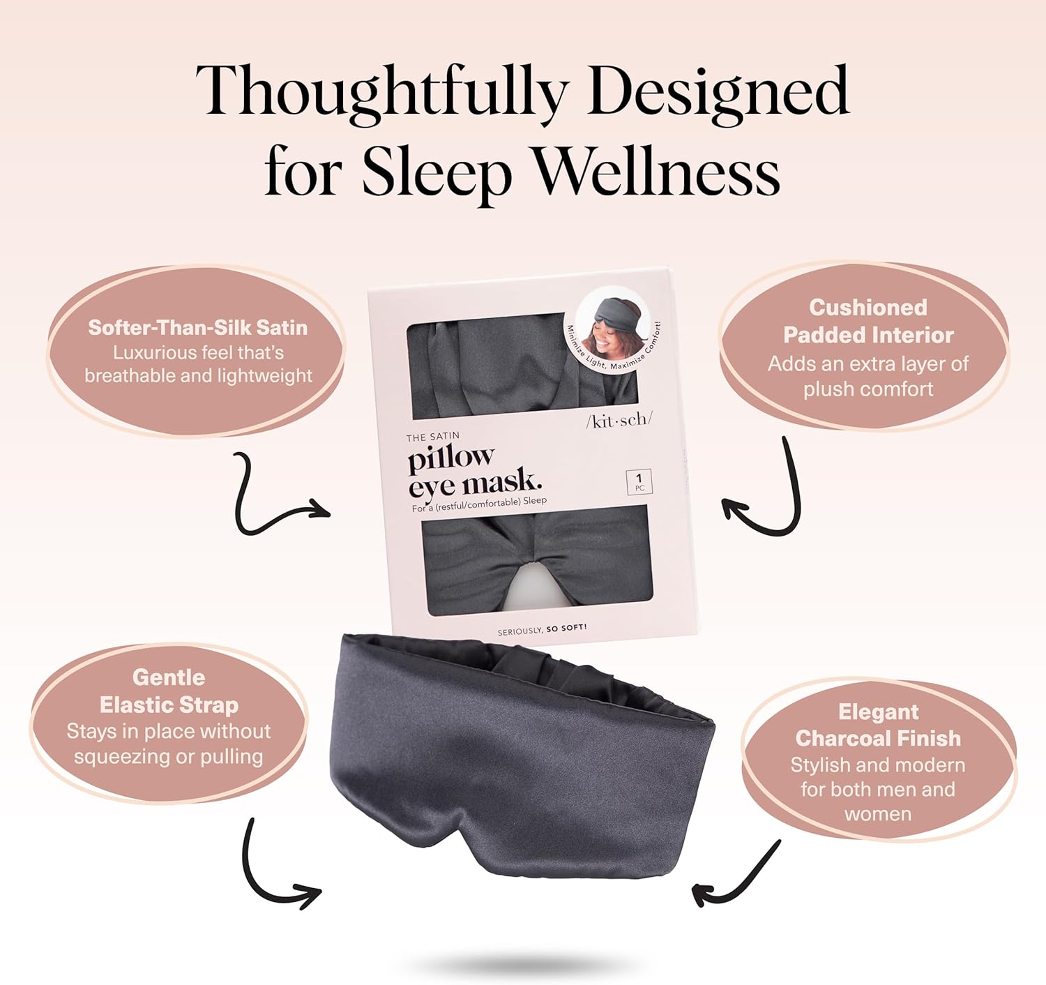Kitsch Satin Sleep Mask - Eye Masks for Sleep, Softer Than Silk Satin Sleeping Mask Blindfold and Sleep Masks for Women and Men, Eye Care Travel Essentials - Charcoal Black - Image 3